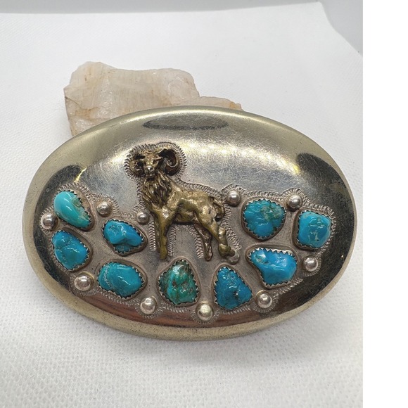 Ahumada & Sons Other - Vintage Ahumada & Sons Baboquivari Turquoise Ram Belt Buckle Silver Tone Oval